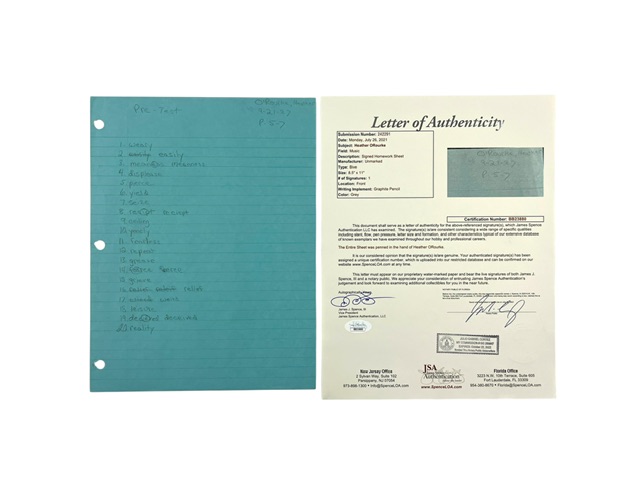 Heather O'Rourke Rare Homework Page Signed JSA Letter Horror Icon