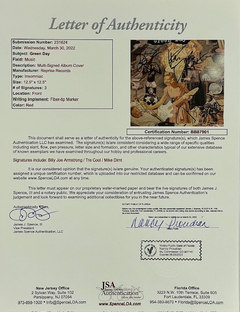 Green Day Band Signed Insomniac Vinyl Record JSA Letter LOA Rare - Image 3