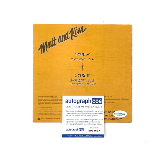 Matt and Kim Autographed Promo Daylight 7-Inch Vinyl Record ACOA - Image 2