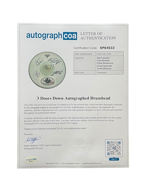 3 Doors Down Band Signed 14” Drumhead Brad Arnold COA - Image 2