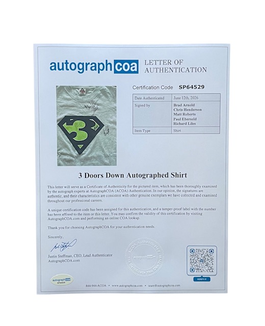 3 Doors Down Autographed Kryptonite Superman Shirt Brad Arnold ACOA - Image 3