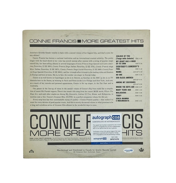 Connie Francis Autographed More Greatest Hits from Connie Francis Vinyl Album - Image 2