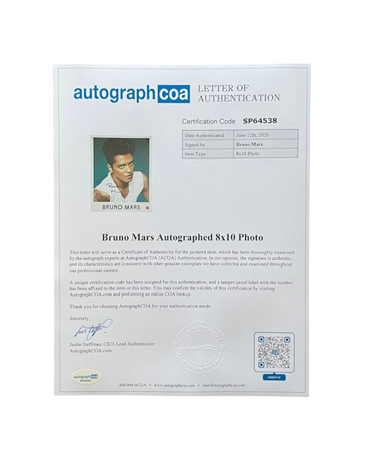 Bruno Mars Rare Authentic Autographed Promo 8x10 Photo ACOA LOA - Image 2